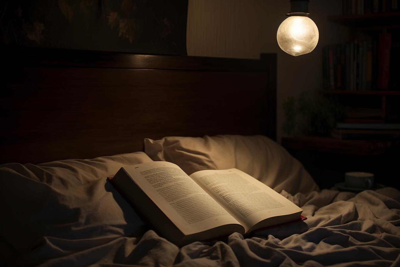 Niña leyendo un libro en la cama. Habitación oscura con luz de